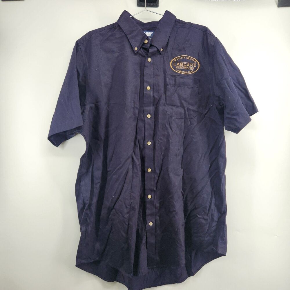 Lands' End Men's XLT Tall Navy Blue Short Sleeve Button Up LabCare Logo Shirt